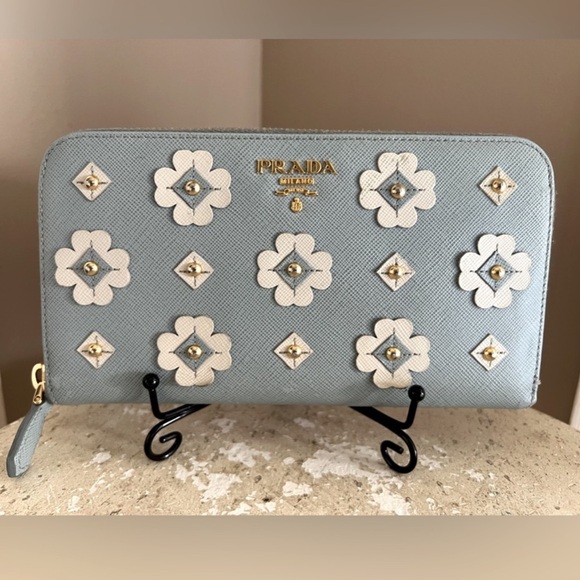 Prada Saffiano Flower Accent Blue & White Long Wallet - Picture 1 of 3